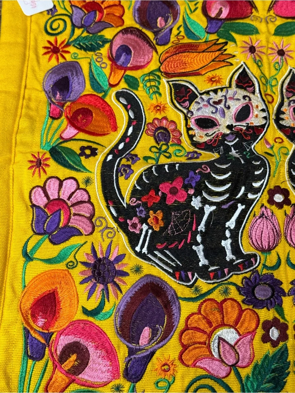 Yellow Embroidered Day of the Dead Cat Decorative Textile Throw Pillow Cover